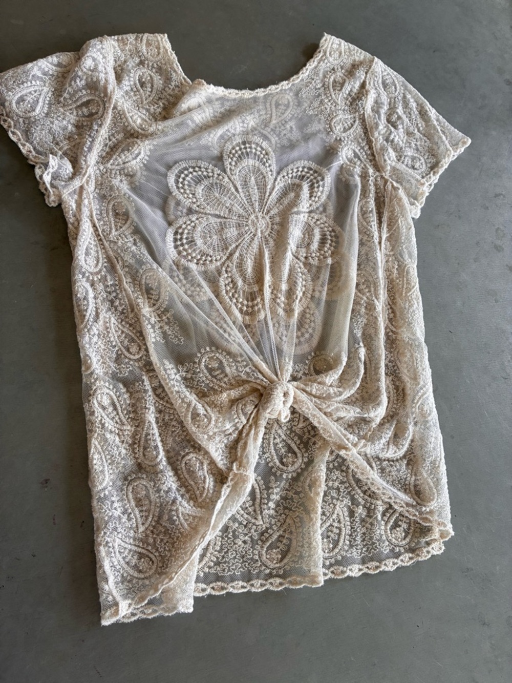 Lace Floral Knot Front Women's Top - Cream